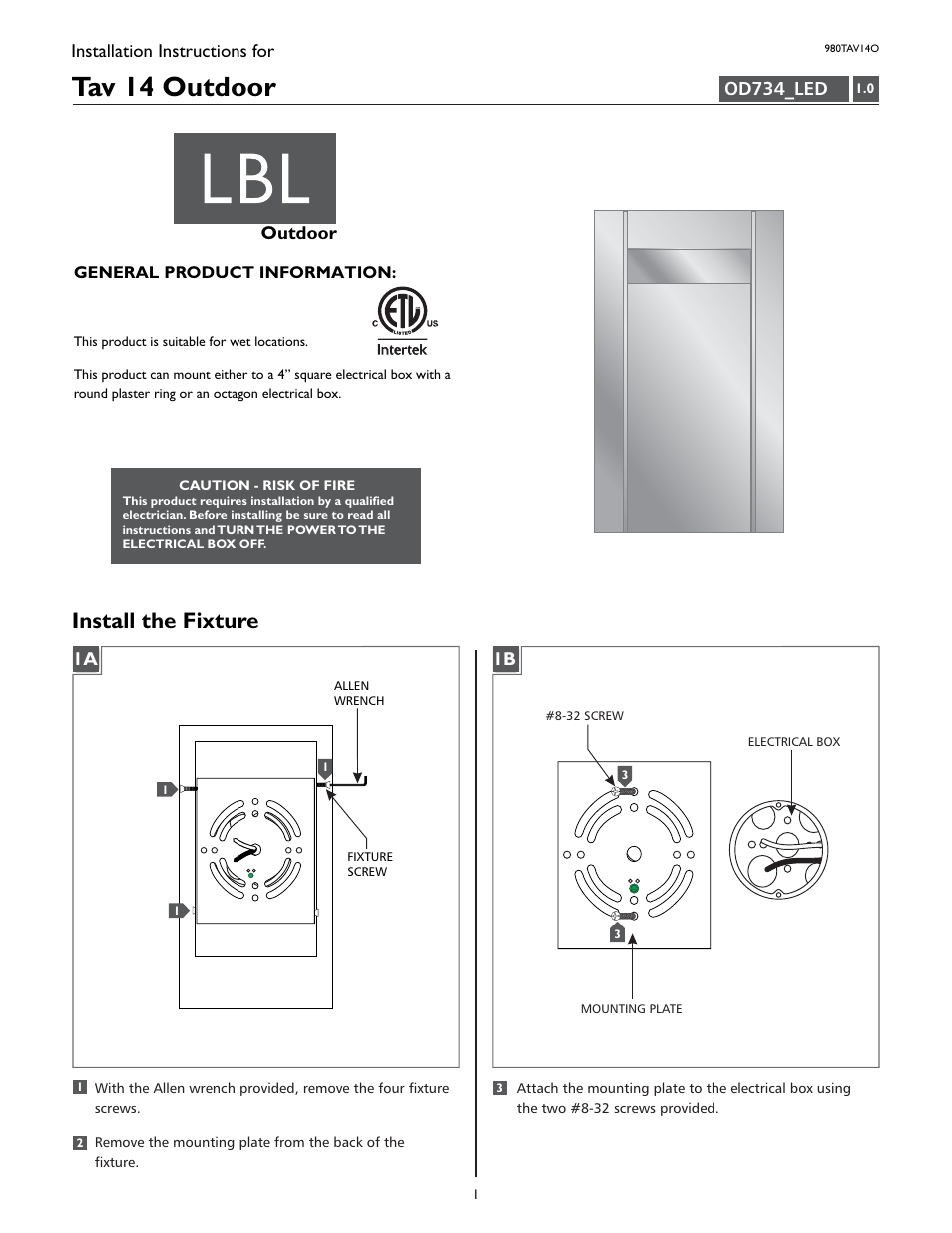 LBL Lighting Tav 14 User Manual | 2 pages