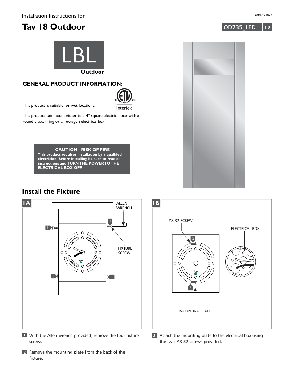 LBL Lighting Tav 18 User Manual | 2 pages