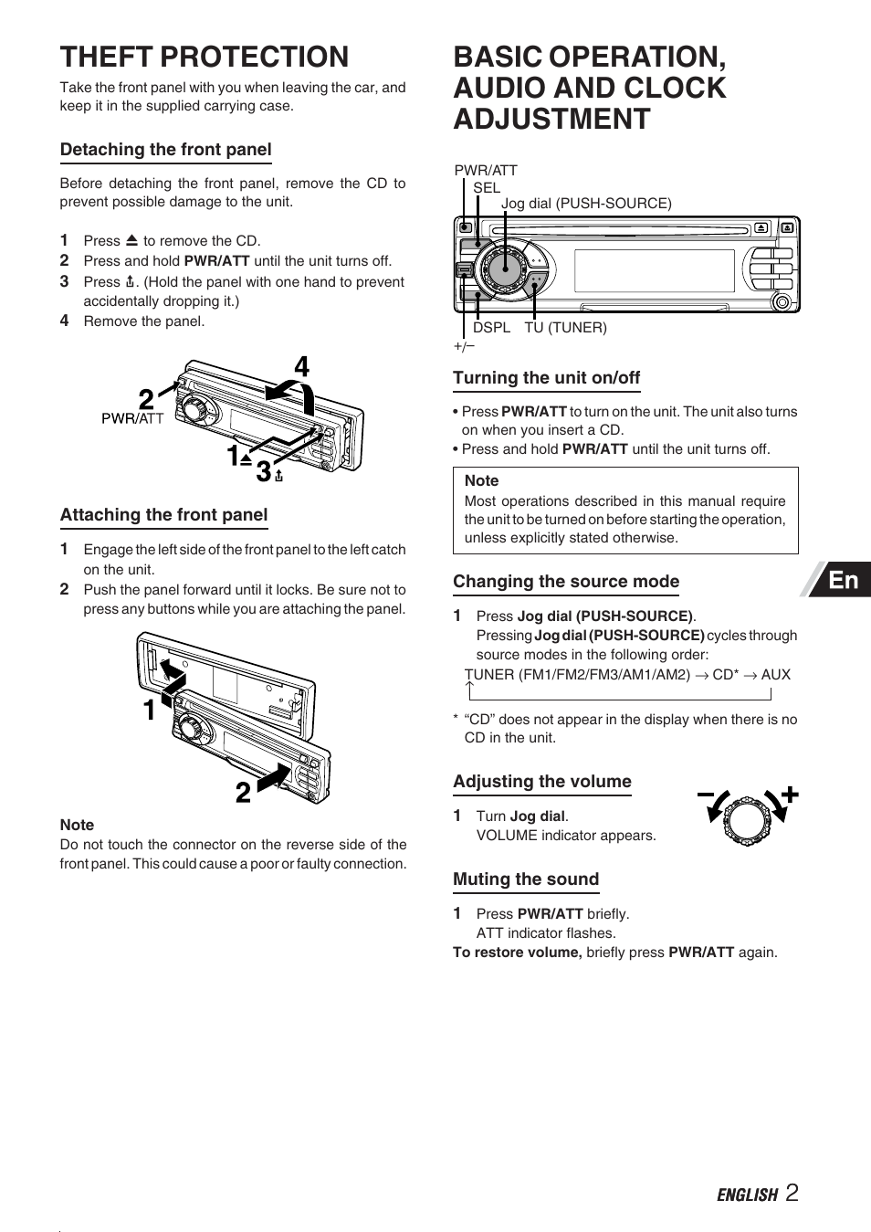 Theft protection, Basic operation, audio and clock adjustment | Aiwa CDC-X237 User Manual | Page 3 / 8