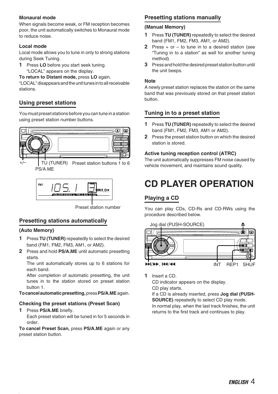 Cd player operation | Aiwa CDC-X237 User Manual | Page 5 / 8