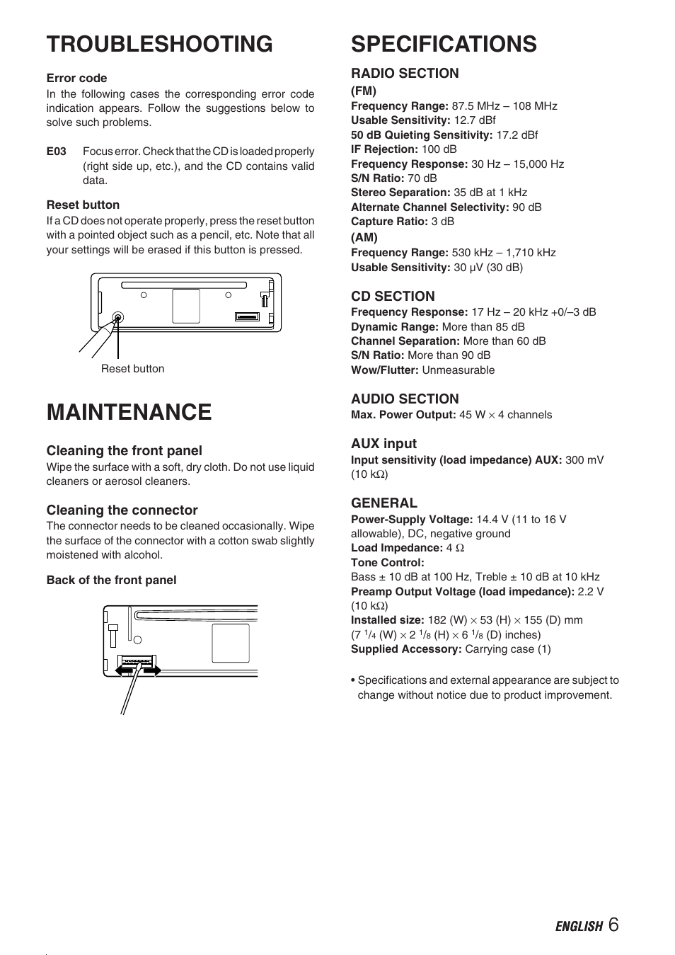 Troubleshooting, Maintenance, Specifications | Aiwa CDC-X237 User Manual | Page 7 / 8