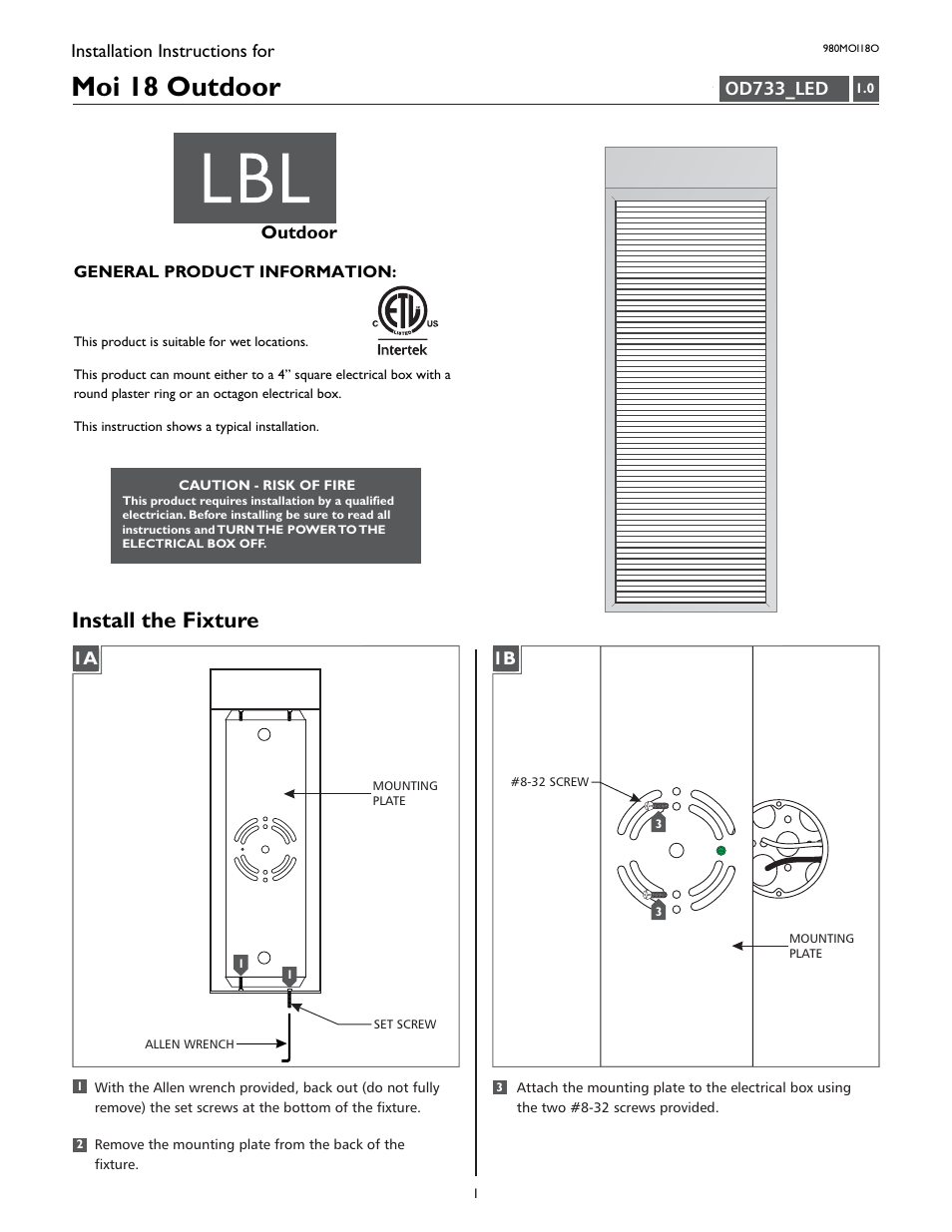 LBL Lighting Moi 18 User Manual | 4 pages