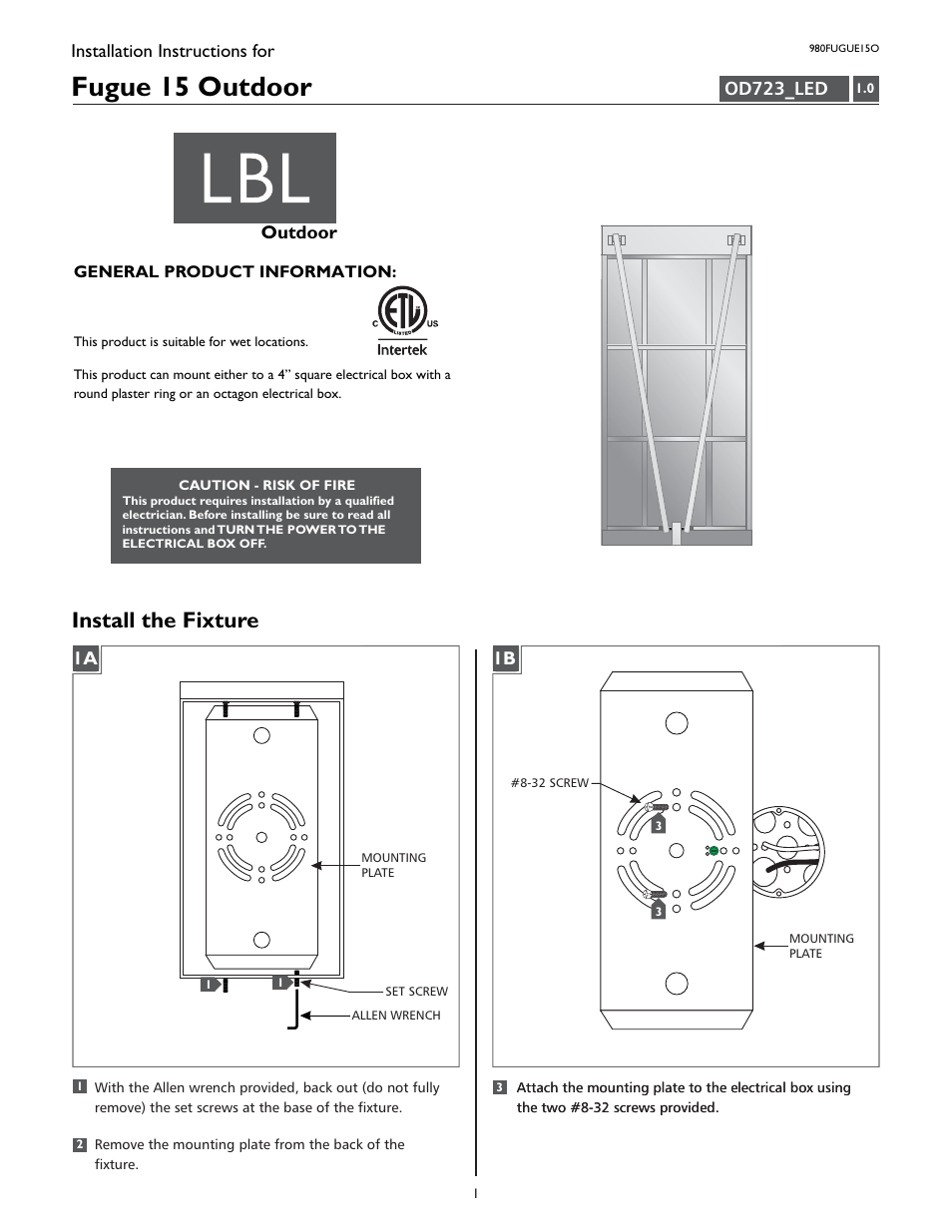 LBL Lighting Fugue 15 User Manual | 4 pages