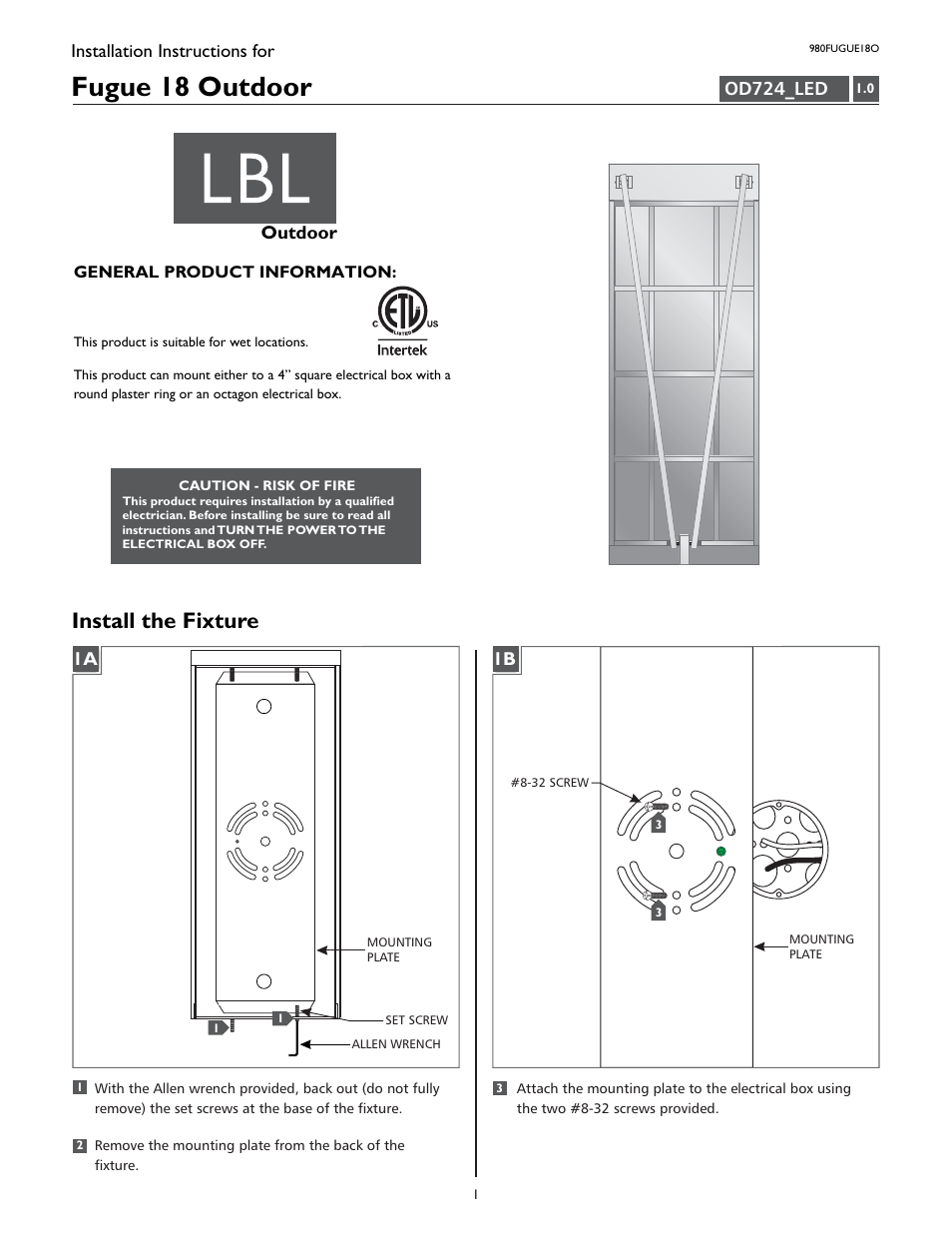LBL Lighting Fugue 18 User Manual | 4 pages