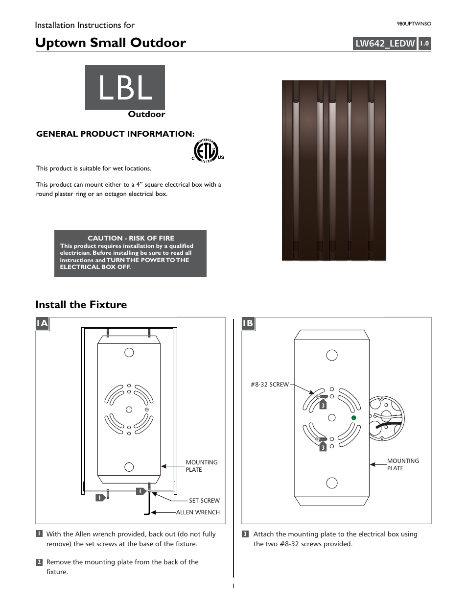 LBL Lighting Uptown Small User Manual | 4 pages