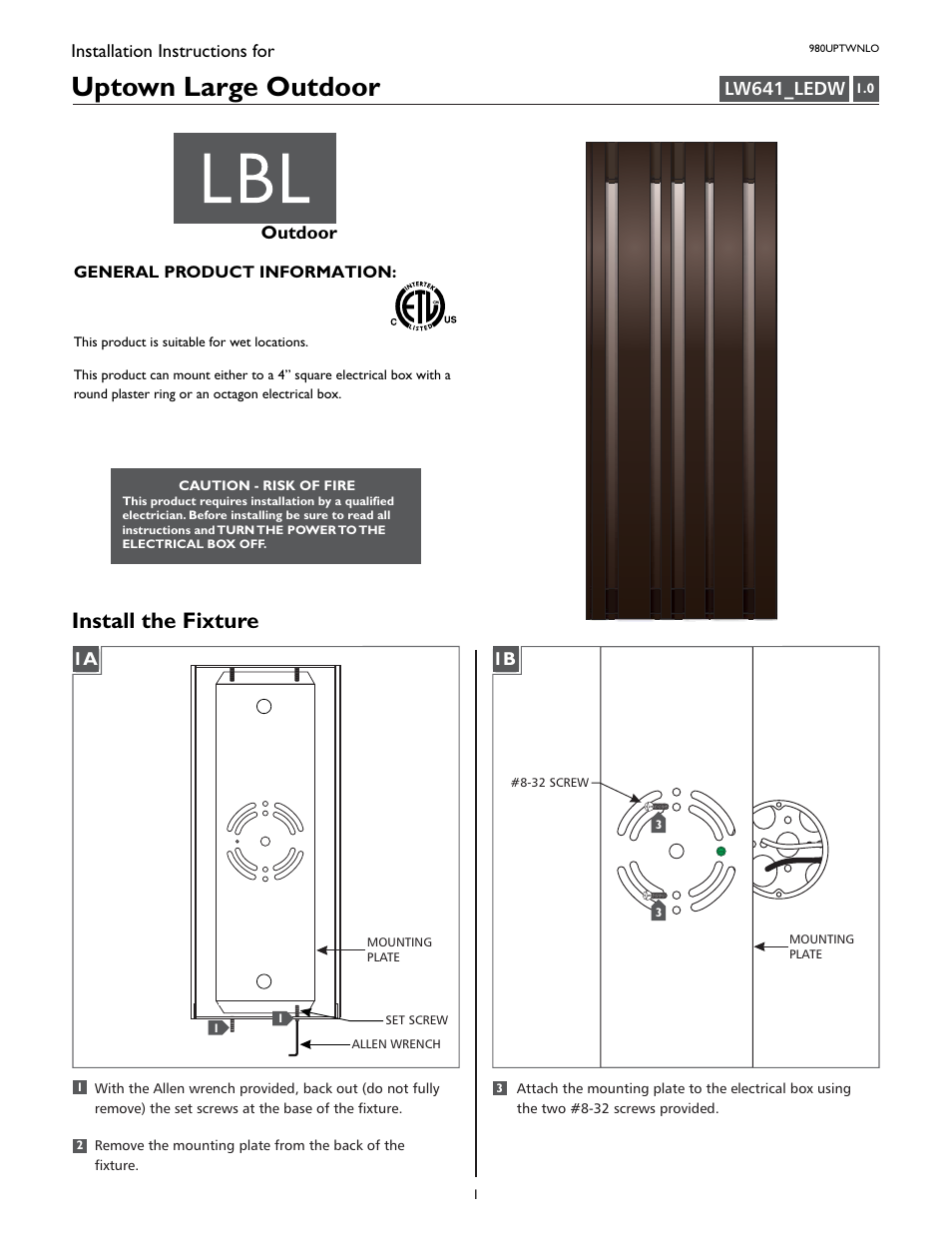 LBL Lighting Uptown Large User Manual | 4 pages