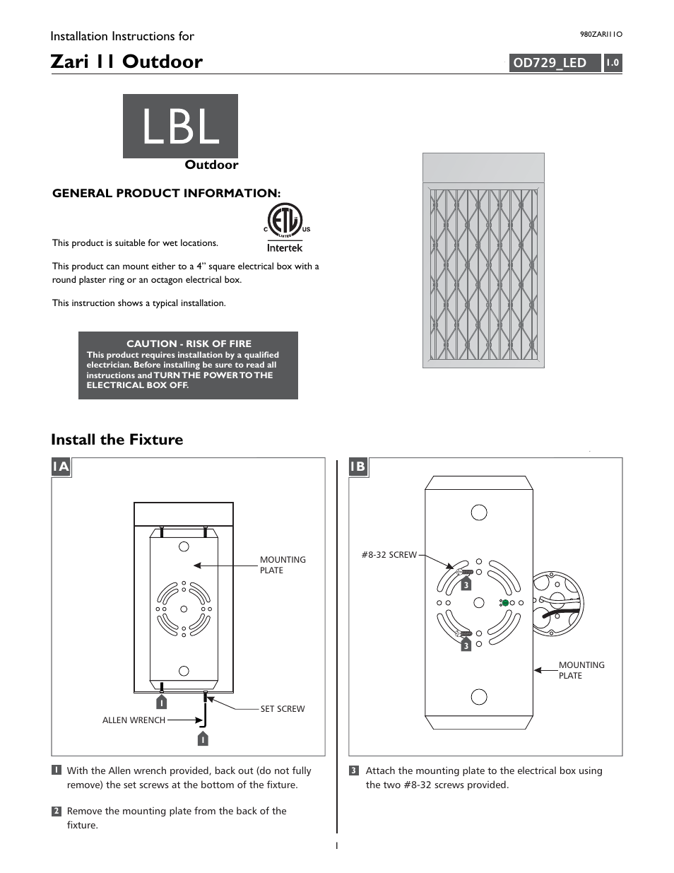 LBL Lighting Zari 11 User Manual | 4 pages