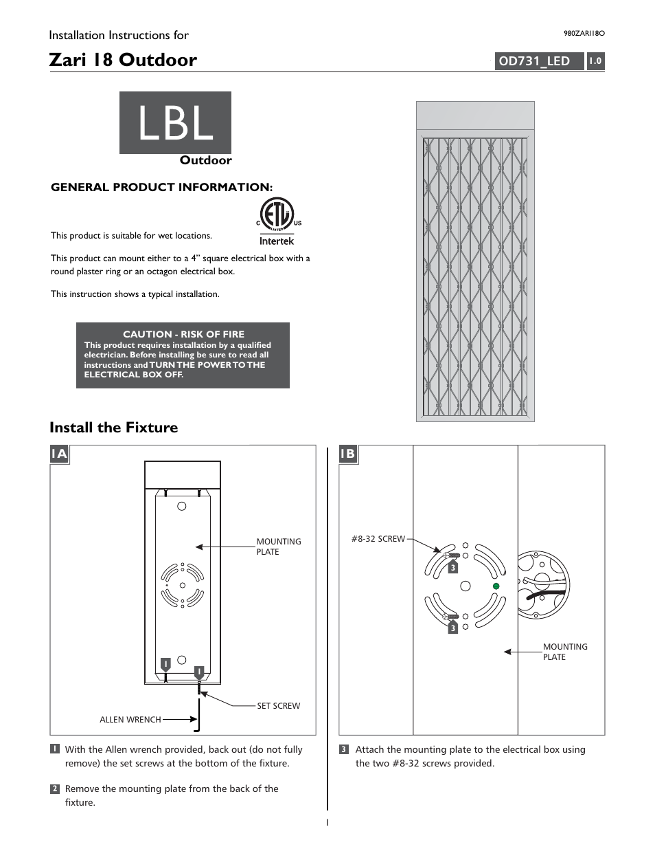 LBL Lighting Zari 18 User Manual | 4 pages