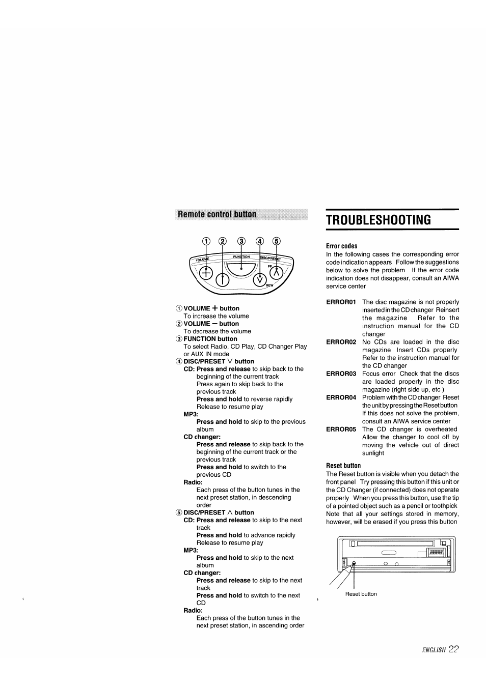 Reset button, Remote buttones, Troubleshooting | Aiwa 570CDCMP3 User Manual | Page 23 / 62