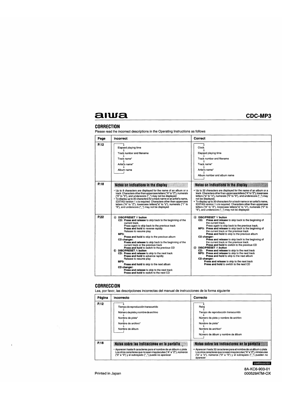 Manual correction | Aiwa 570CDCMP3 User Manual | Page 27 / 62