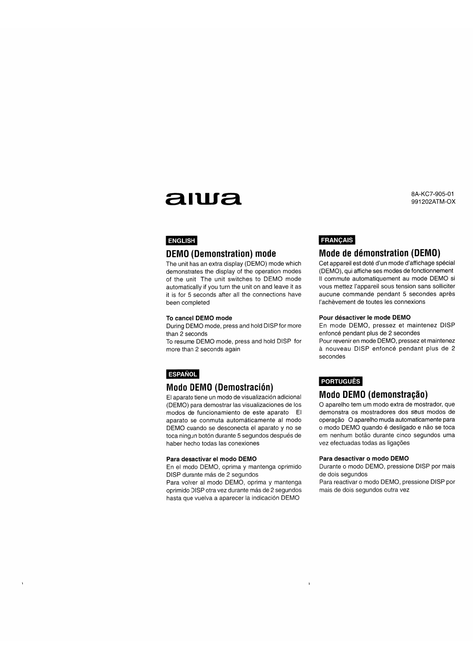 Demo mode | Aiwa 570CDCMP3 User Manual | Page 31 / 62