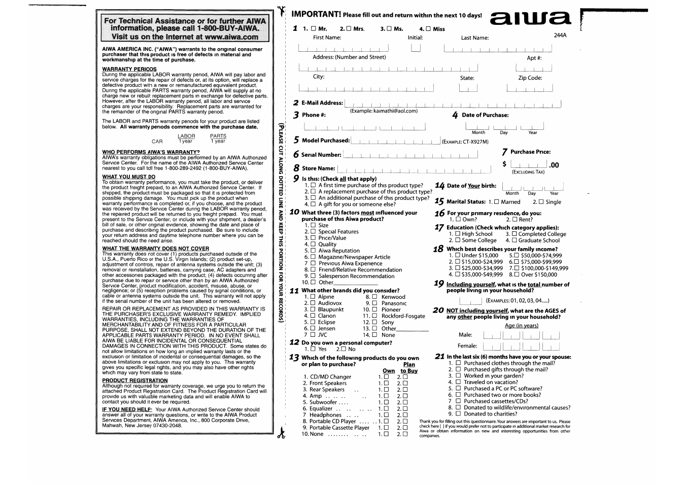 Warranty info | Aiwa 570CDCMP3 User Manual | Page 37 / 62
