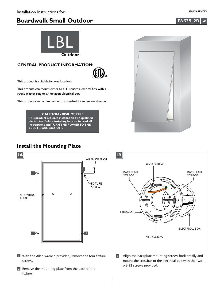 LBL Lighting Boardwalk Small User Manual | 4 pages