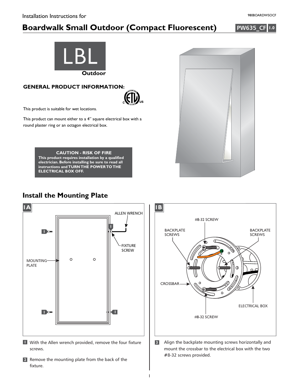 LBL Lighting Boardwalk Small CF User Manual | 4 pages