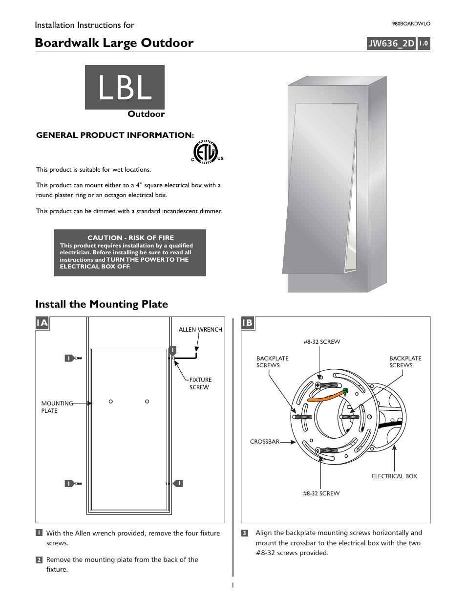 LBL Lighting Boardwalk Large User Manual | 4 pages