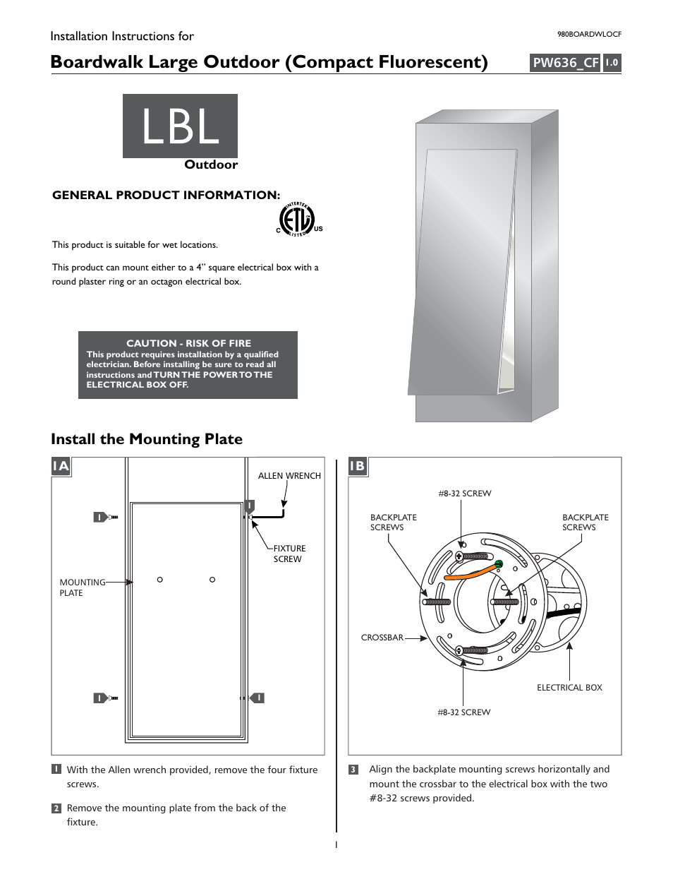LBL Lighting Boardwalk Large CF User Manual | 4 pages