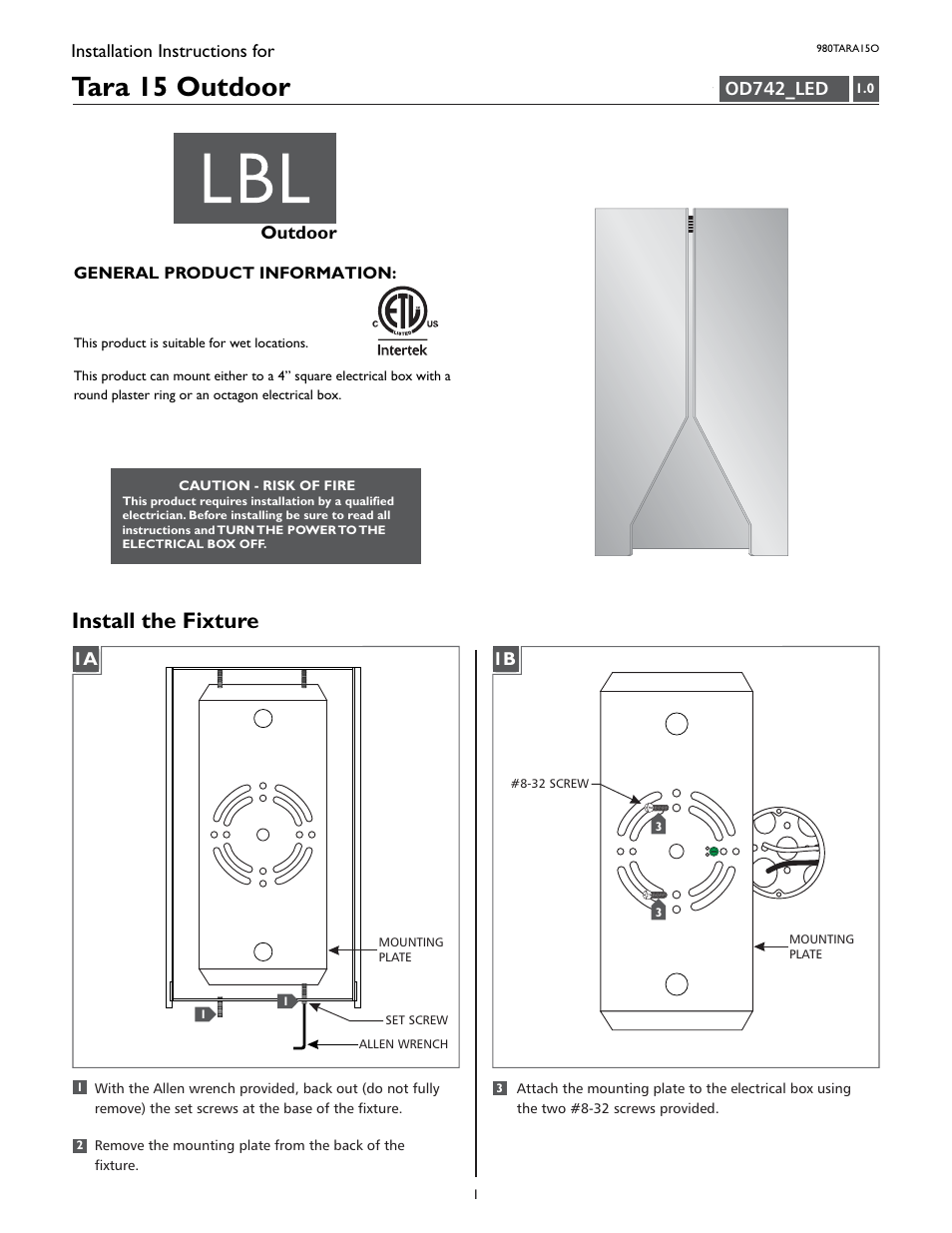 LBL Lighting Tara 15 User Manual | 4 pages