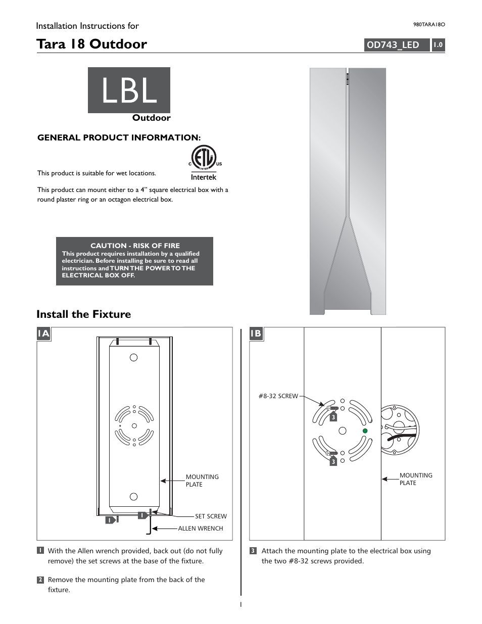 LBL Lighting Tara 18 User Manual | 4 pages