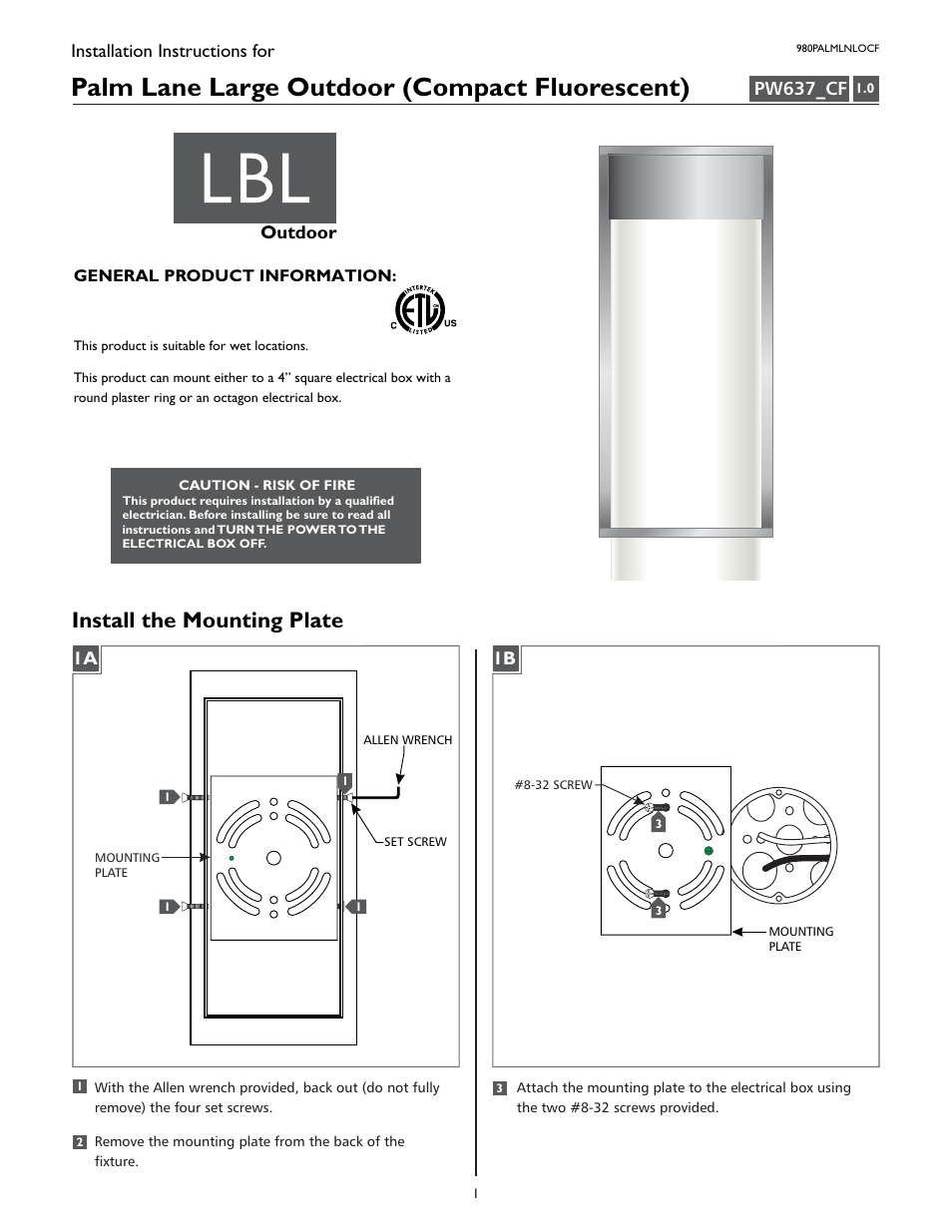 LBL Lighting Palm Lane Large CF User Manual | 4 pages