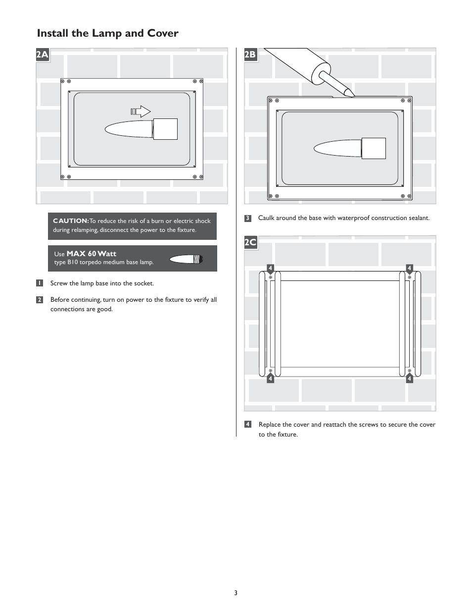 Install the lamp and cover, 2b 2a | LBL Lighting Nikko Grille User Manual | Page 3 / 4