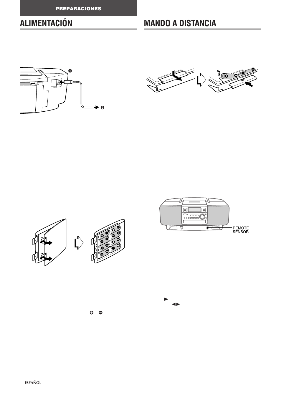 Alimentación, Mando a distancia, Uso con las baterías | Cómo insertar baterías, Uso del mando a distancia | Aiwa CSD-EL300 User Manual | Page 18 / 44