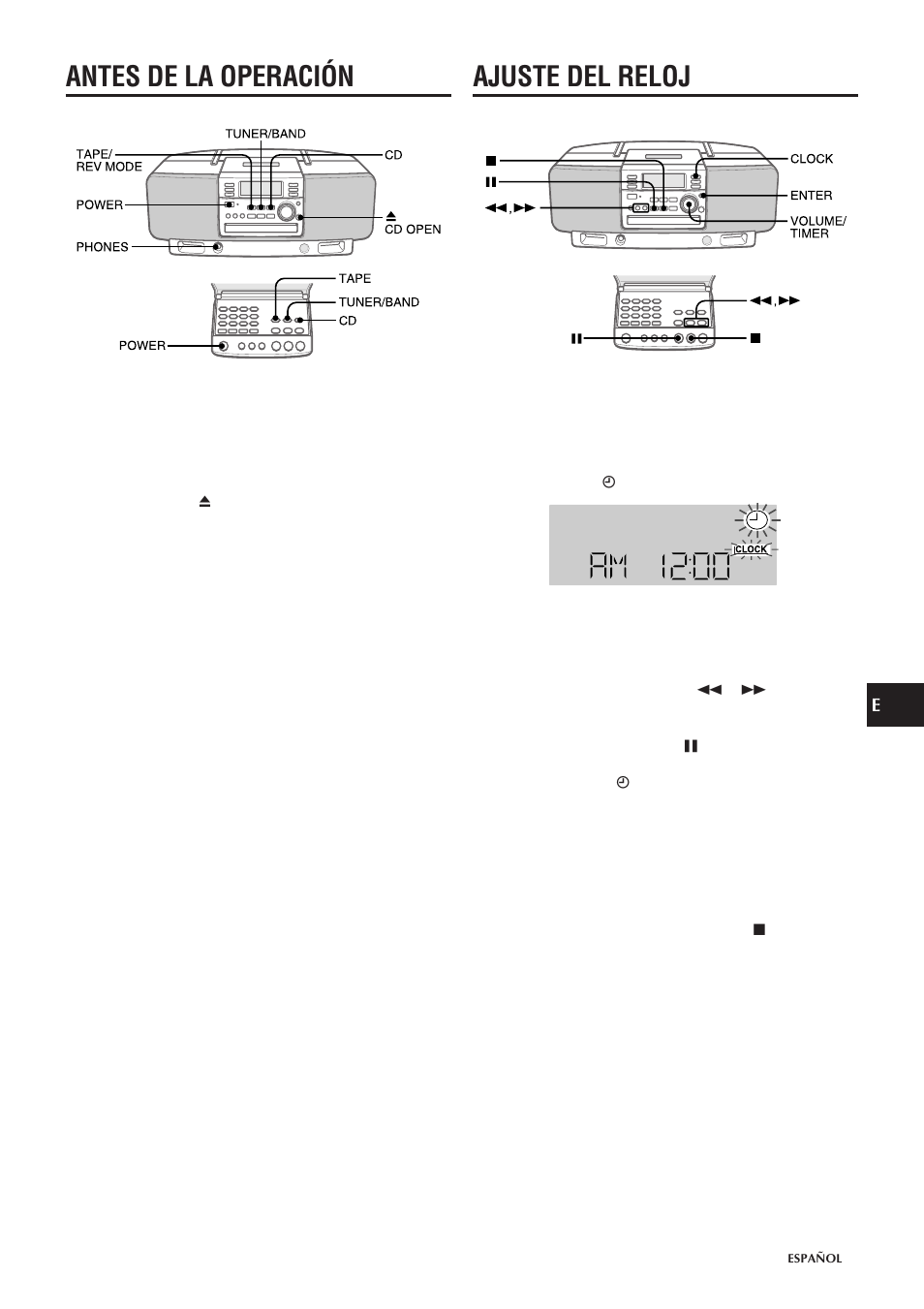 Antes de la operación, Ajuste del reloj | Aiwa CSD-EL300 User Manual | Page 19 / 44