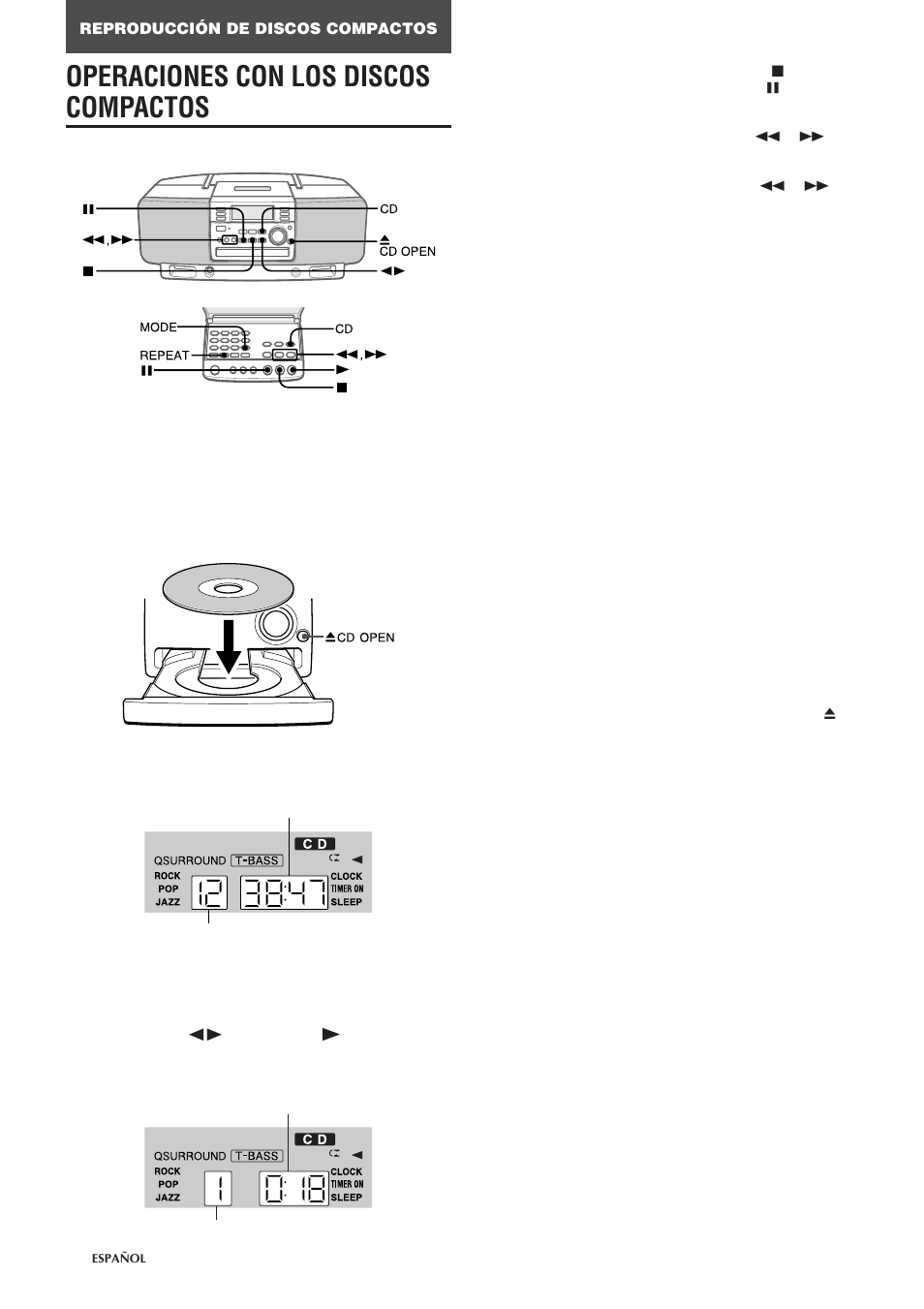 Operaciones con los discos compactos, Cómo cargar un disco, Reproducción de un disco | Aiwa CSD-EL300 User Manual | Page 24 / 44