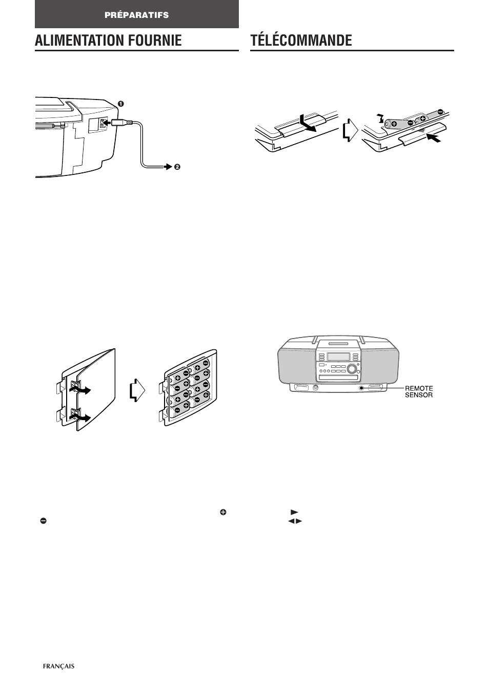 Alimentation fournie, Télécommande, Utilisation sur courant secteur | Utilisation sur piles, Insertion des piles, Utilisation de la télécommande | Aiwa CSD-EL300 User Manual | Page 32 / 44