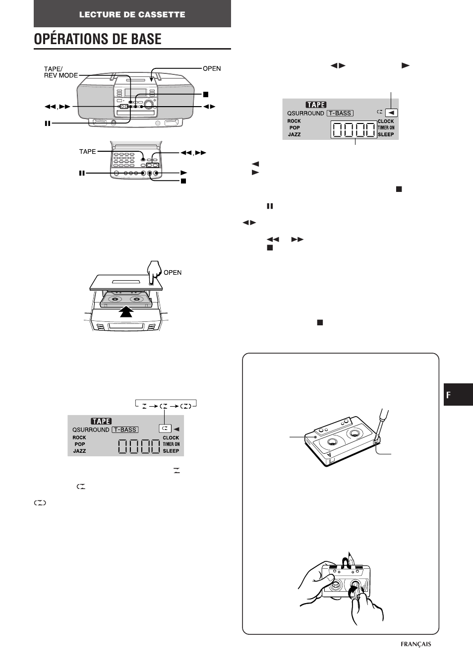 Opérations de base, En e f, Insertion d'une cassette | Lecture d'une cassette | Aiwa CSD-EL300 User Manual | Page 35 / 44