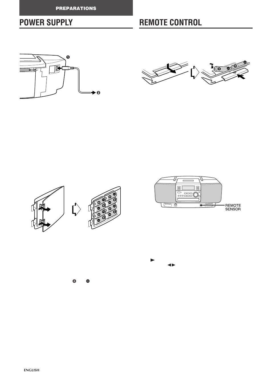 Power supply, Remote control, Using on ac house current | Using on batteries, Inserting batteries, Using the remote control | Aiwa CSD-EL300 User Manual | Page 4 / 44
