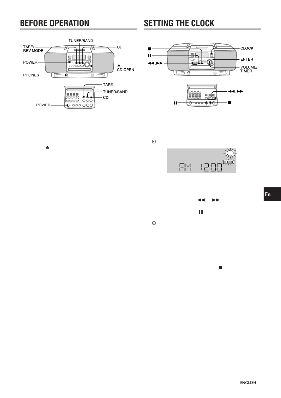 Before operation, Setting the clock | Aiwa CSD-EL300 User Manual | Page 5 / 44