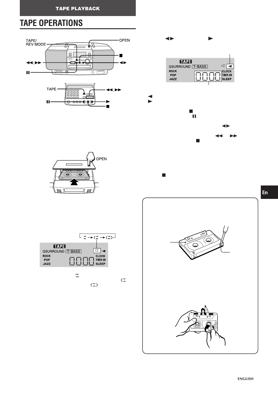Tape operations, En e f, Inserting a tape | Playing back a tape | Aiwa CSD-EL300 User Manual | Page 7 / 44