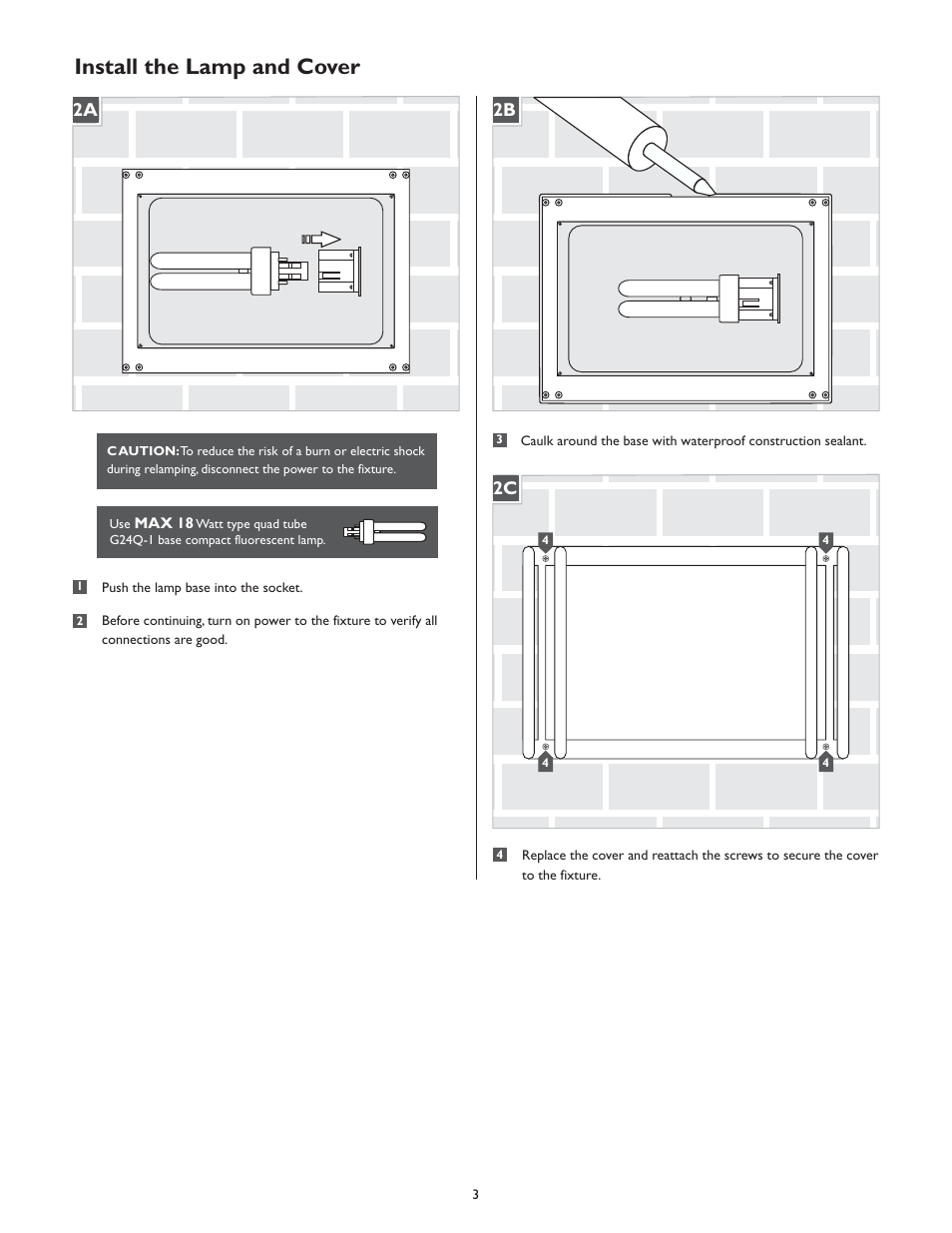 Install the lamp and cover, 2b 2a | LBL Lighting Nikko CF8 User Manual | Page 3 / 4