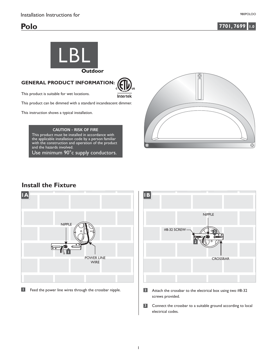 LBL Lighting Polo User Manual | 2 pages