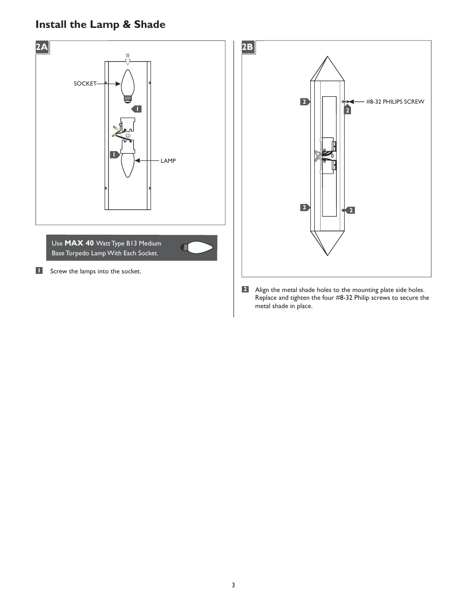 Install the lamp & shade, 2a 2b | LBL Lighting Futura User Manual | Page 3 / 4