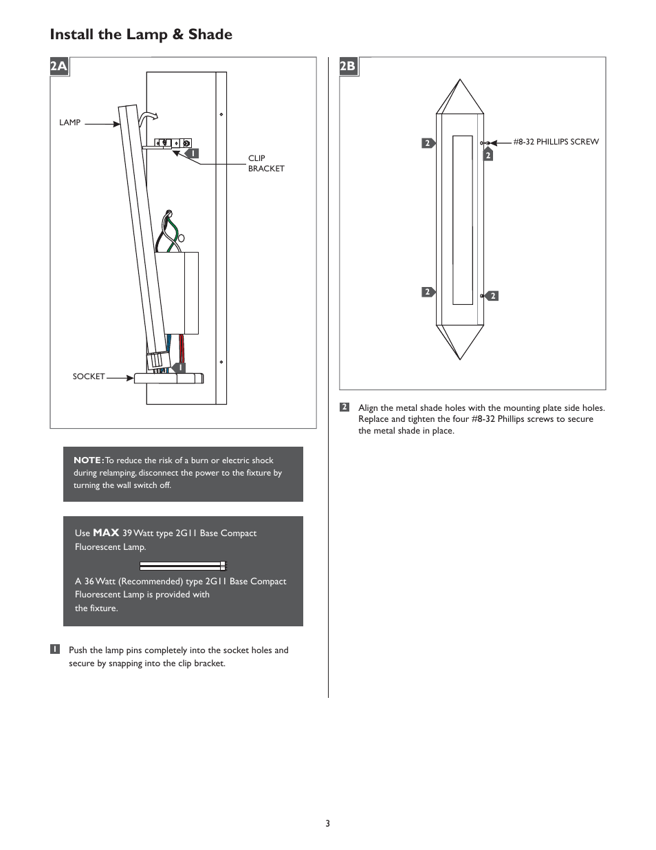 Install the lamp & shade, 2a 2b | LBL Lighting Futura CF User Manual | Page 3 / 4