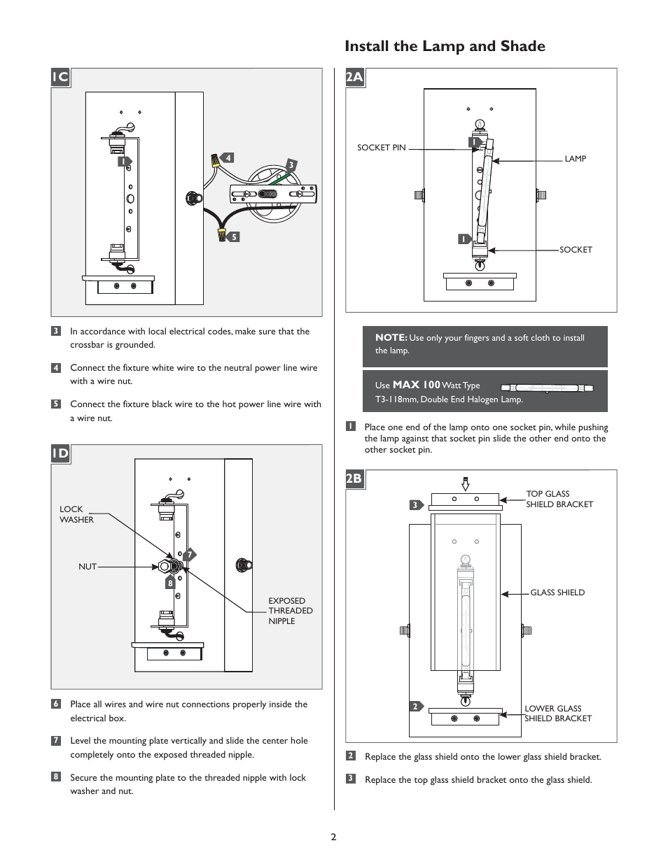 Install the lamp and shade, 1c 2a, 1d 2b | LBL Lighting Presidio Wet User Manual | Page 2 / 4