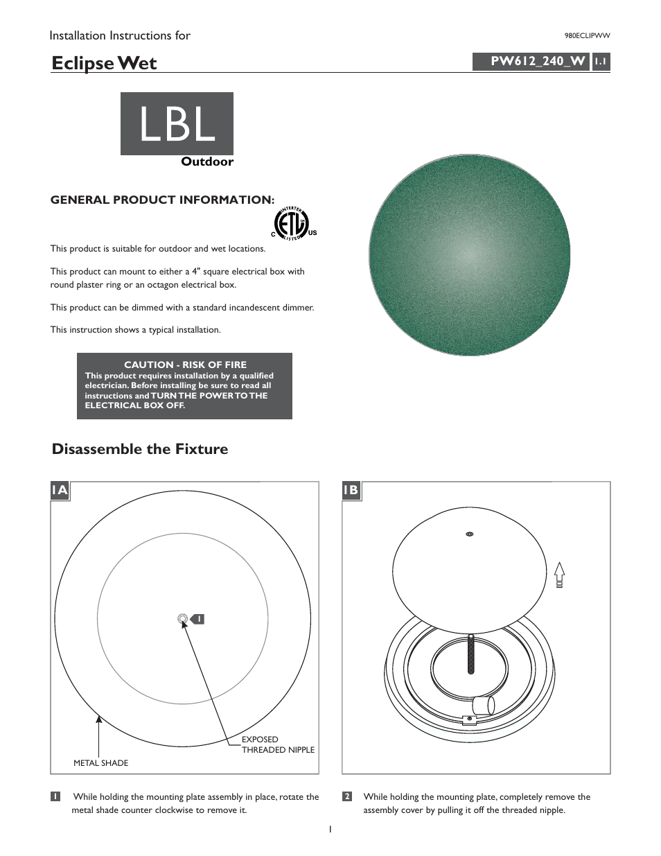 LBL Lighting Eclipse User Manual | 4 pages