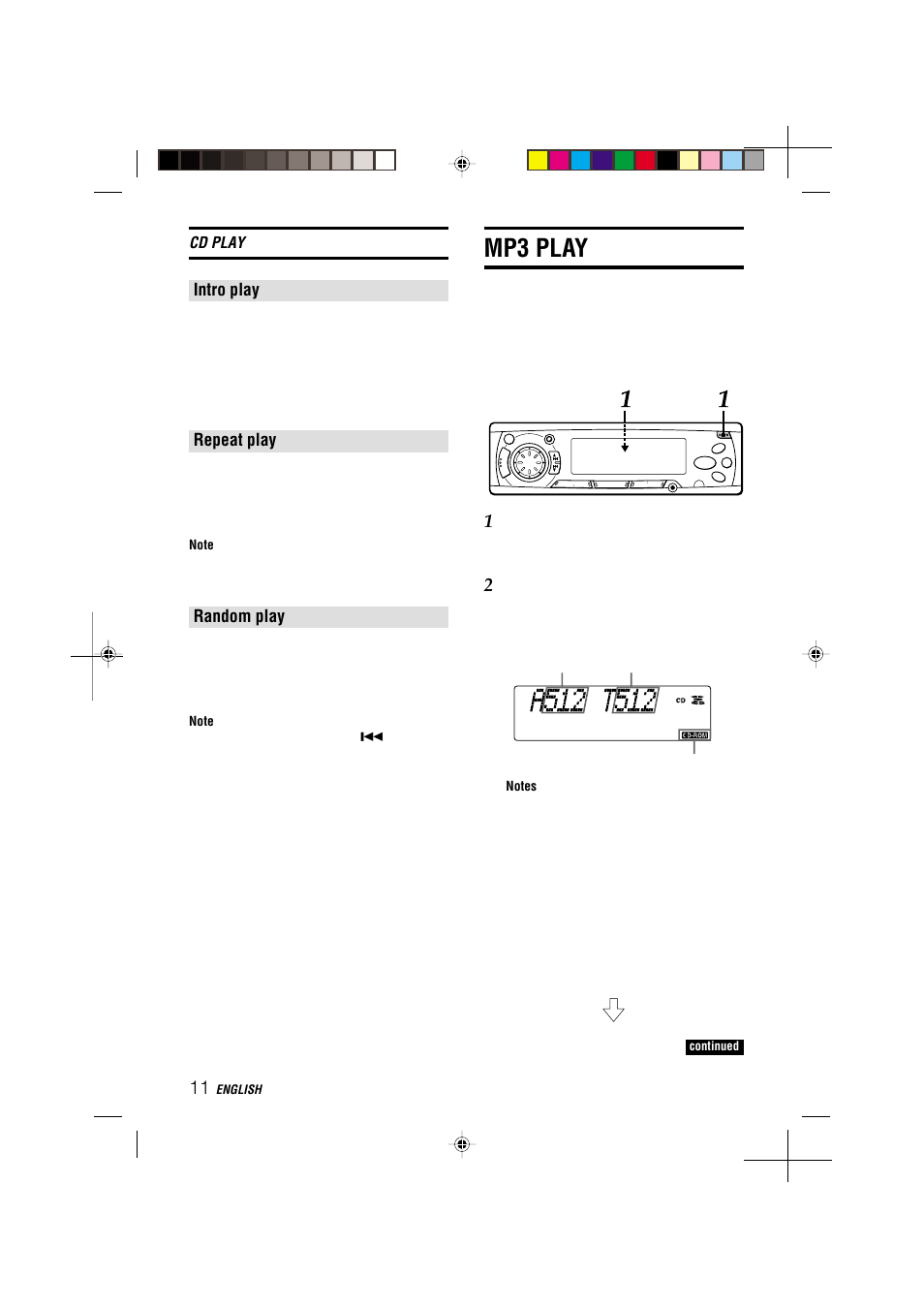 Mp3 play, Intro play, Repeat play | Random play | Aiwa CDC-MP3 YU User Manual | Page 12 / 70