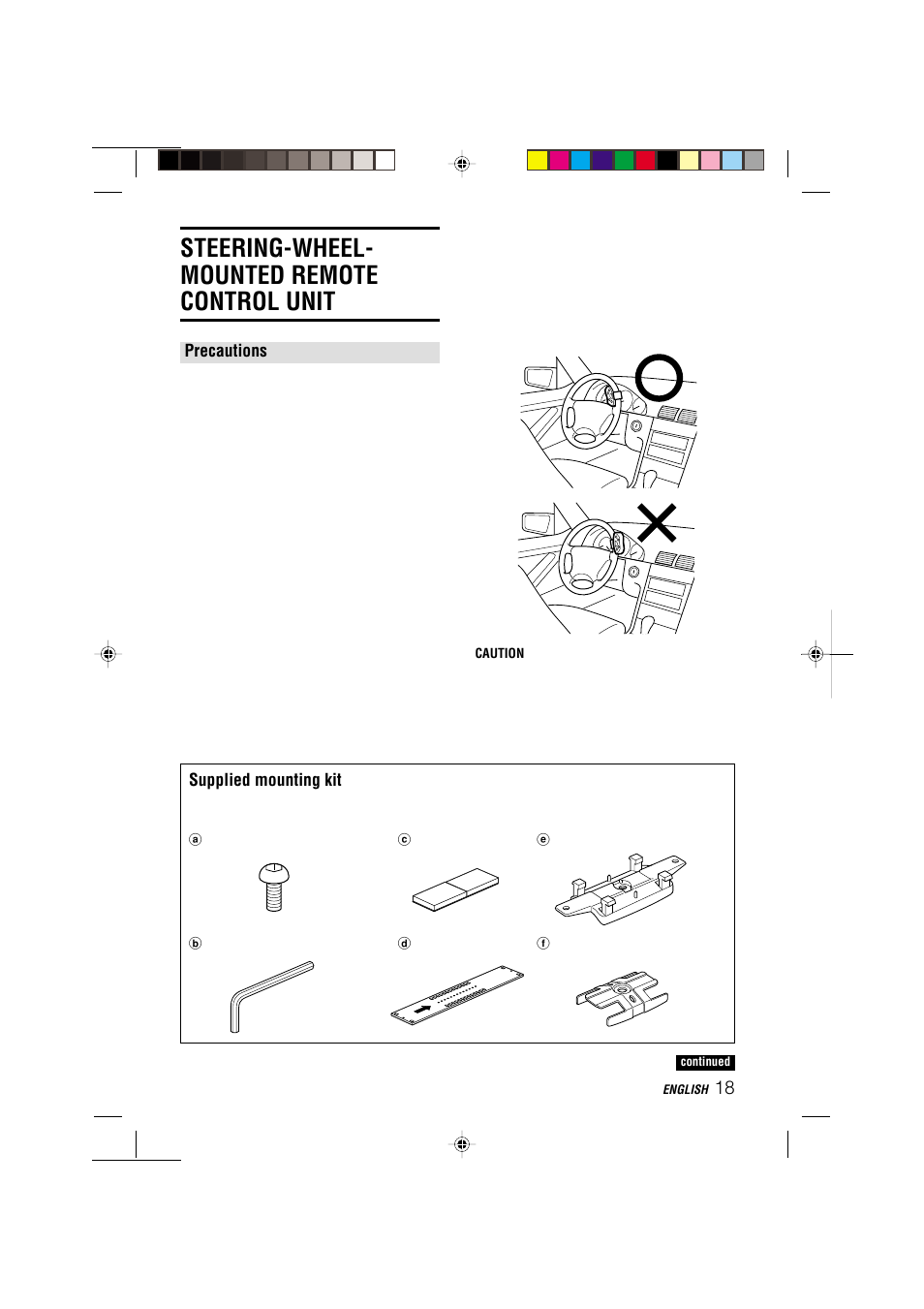 Steering-wheel- mounted remote control unit, Supplied mounting kit, Precautions | Aiwa CDC-MP3 YU User Manual | Page 19 / 70