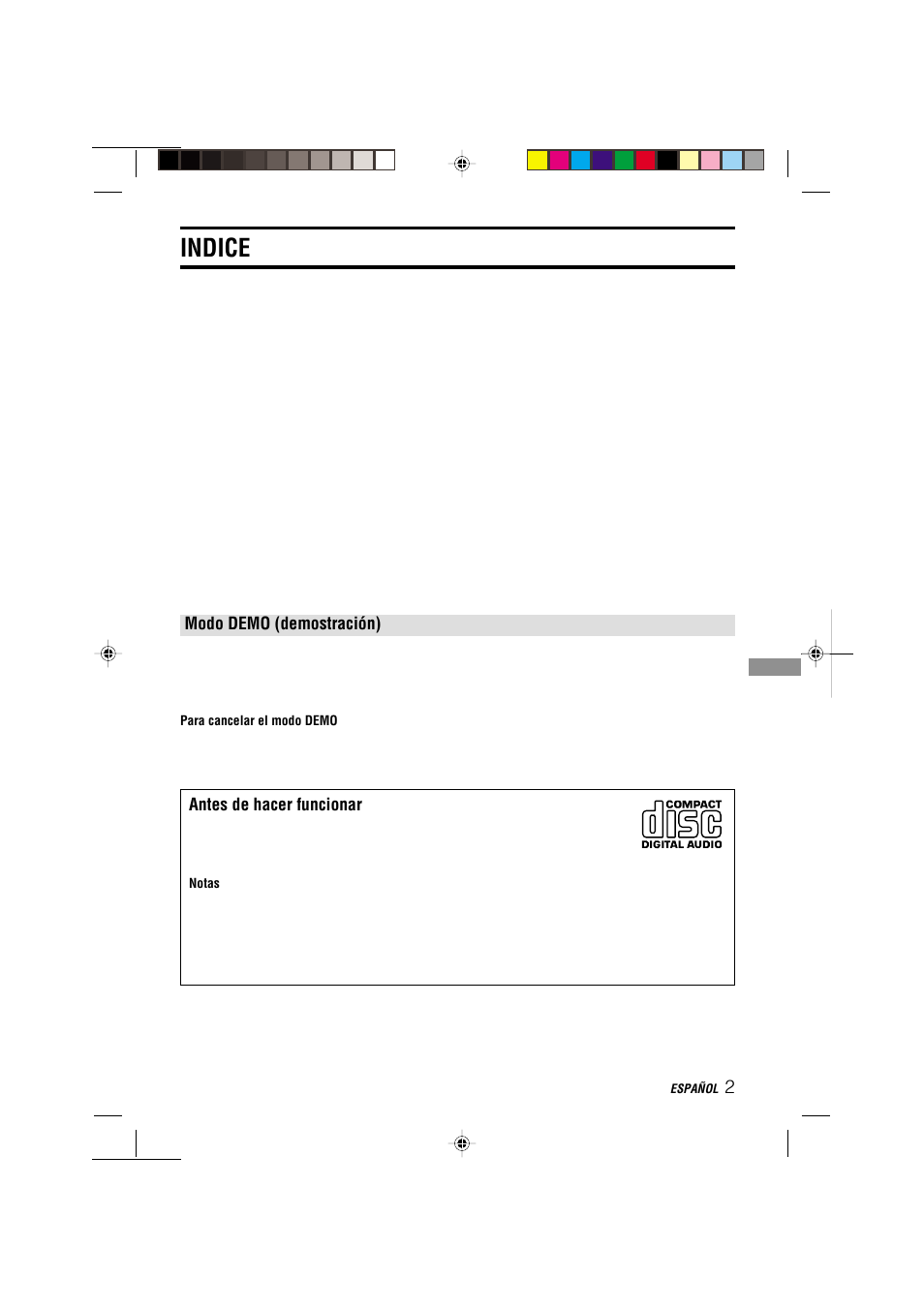 Indice, Modo demo (demostración), Antes de hacer funcionar | Aiwa CDC-MP3 YU User Manual | Page 26 / 70