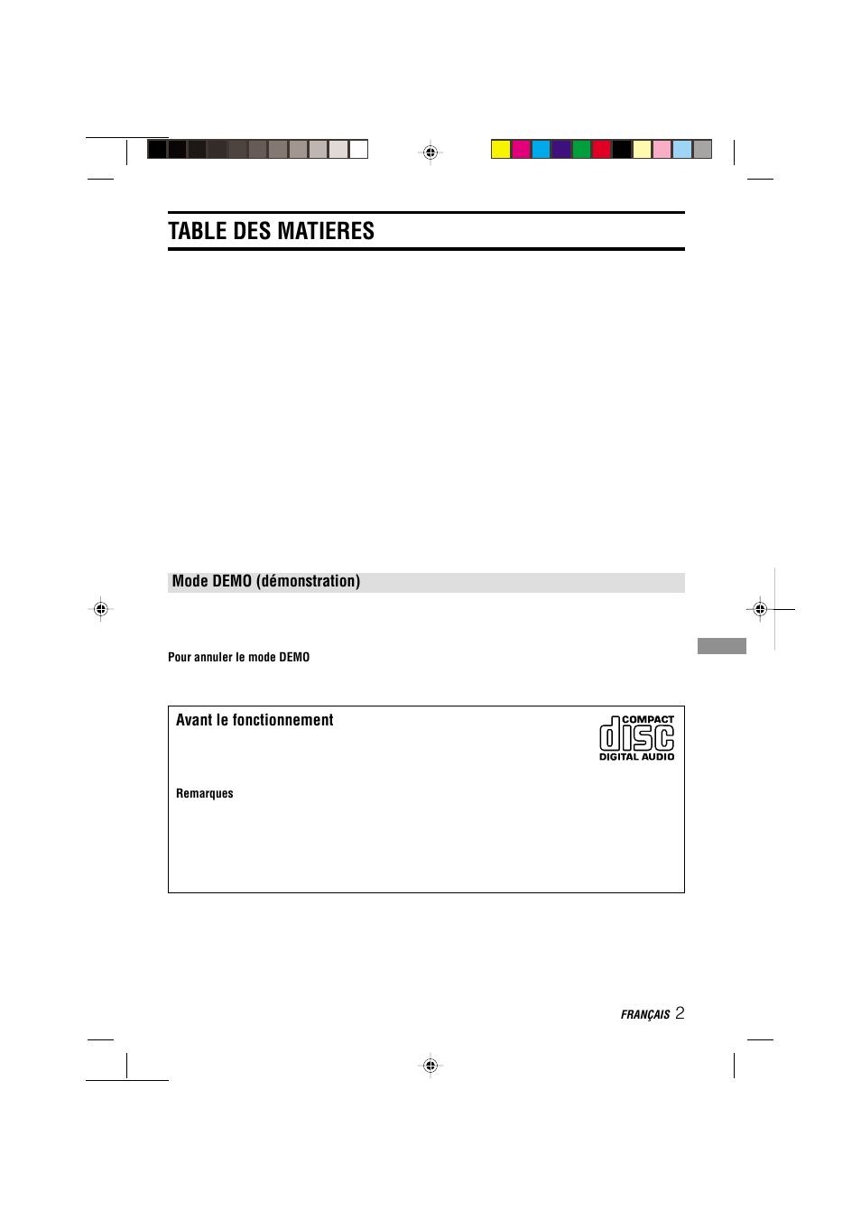 Table des matieres, Mode demo (démonstration), Avant le fonctionnement | Aiwa CDC-MP3 YU User Manual | Page 49 / 70