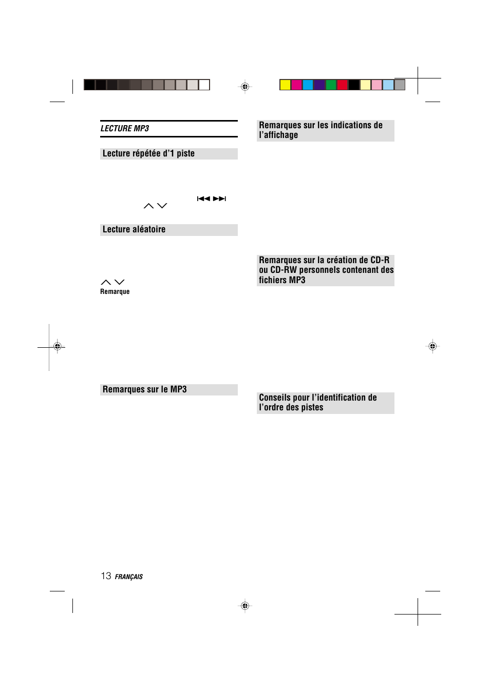 Lecture répétée d’1 piste, Lecture aléatoire, Remarques sur le mp3 | Remarques sur les indications de l’affichage, Lecture mp3 | Aiwa CDC-MP3 YU User Manual | Page 60 / 70