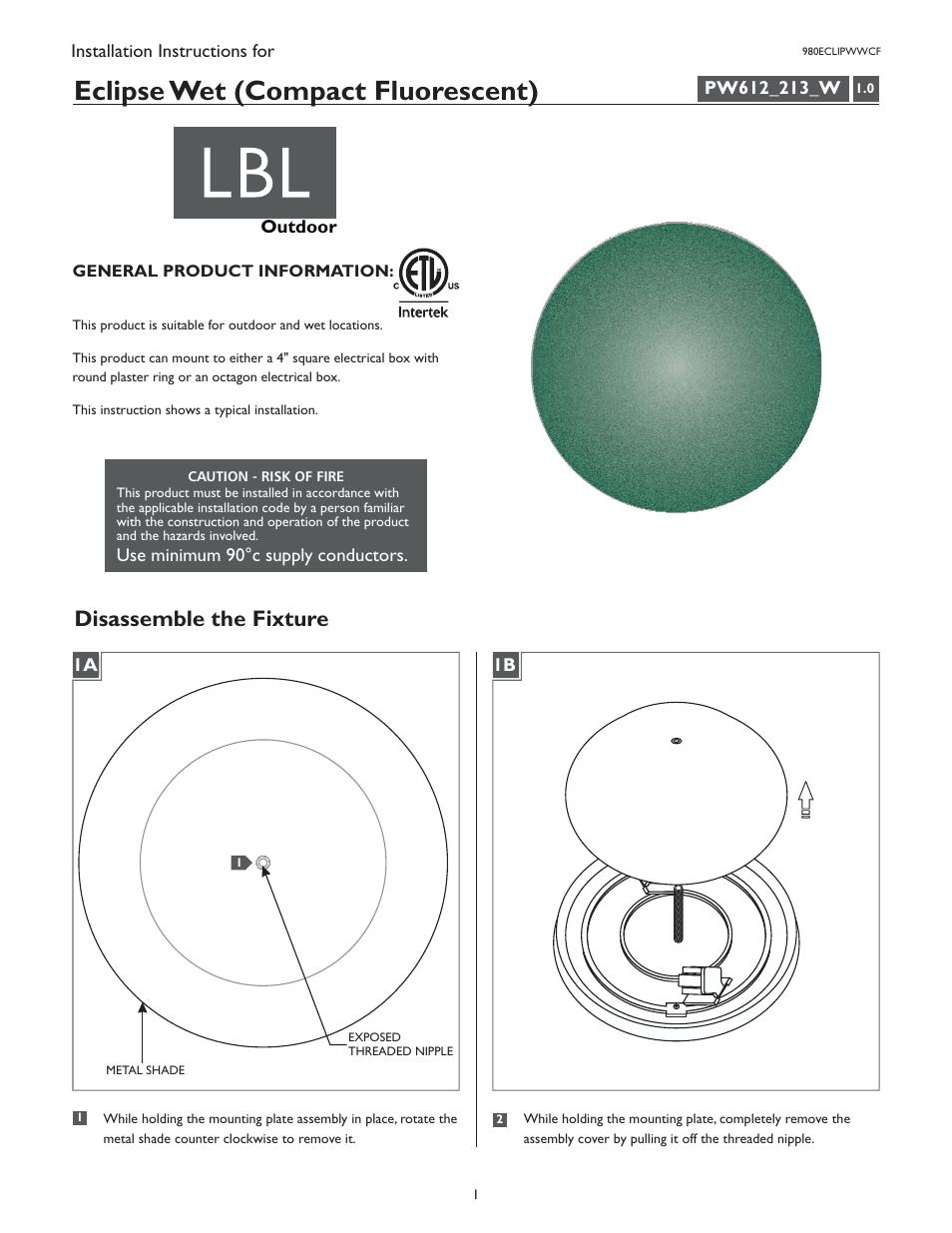 LBL Lighting Eclipse CF User Manual | 4 pages