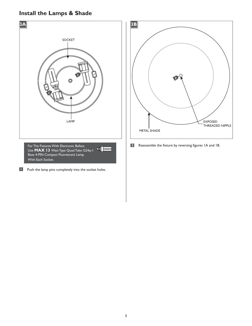 Install the lamps & shade, 3b 3a | LBL Lighting Eclipse CF User Manual | Page 3 / 4