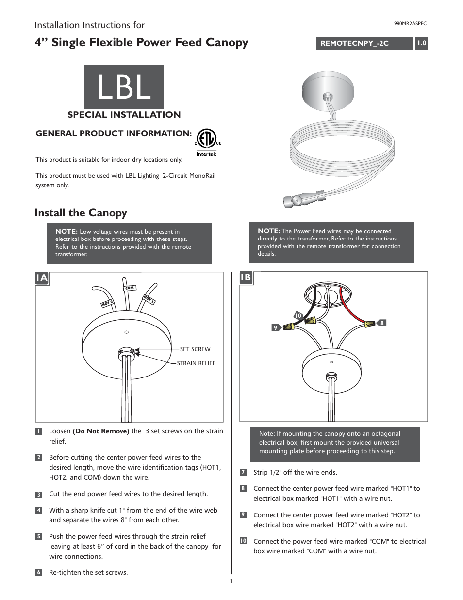 LBL Lighting 2-Circuit MO 4" Round Canopy User Manual | 2 pages