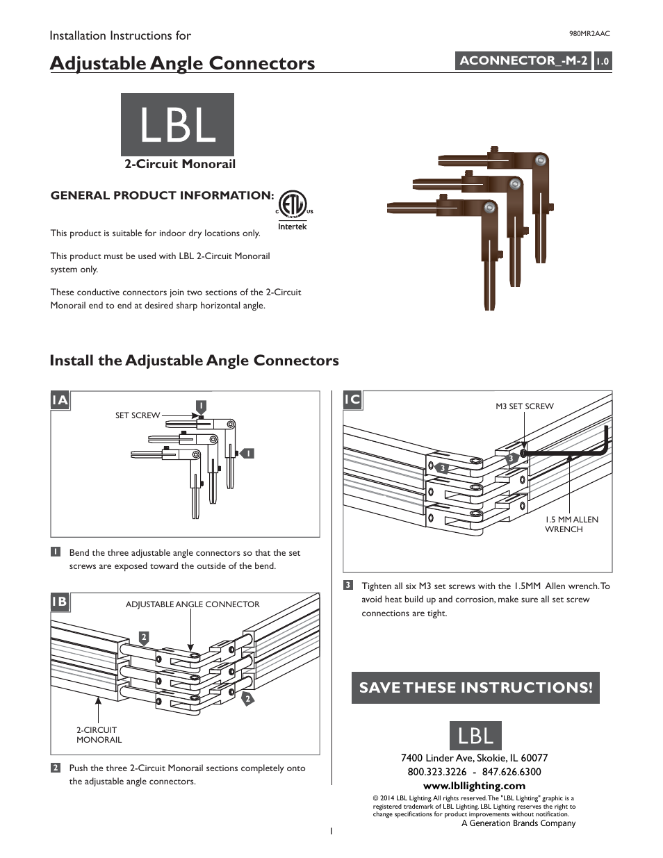 LBL Lighting MO Adjustable Cable Standoff User Manual | 1 page