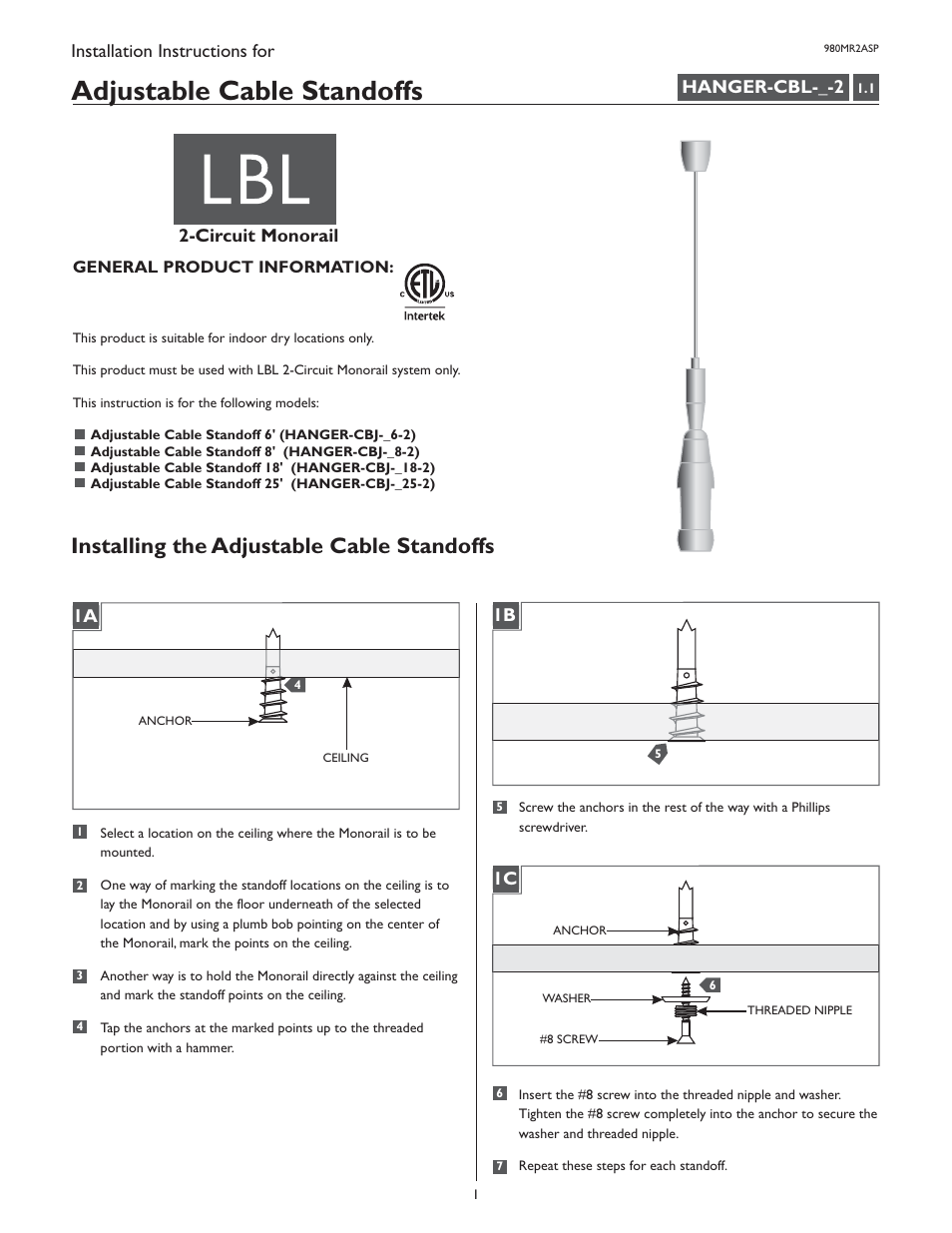 LBL Lighting 2-Circuit MO Adjustable Cable Standoff User Manual | 2 pages