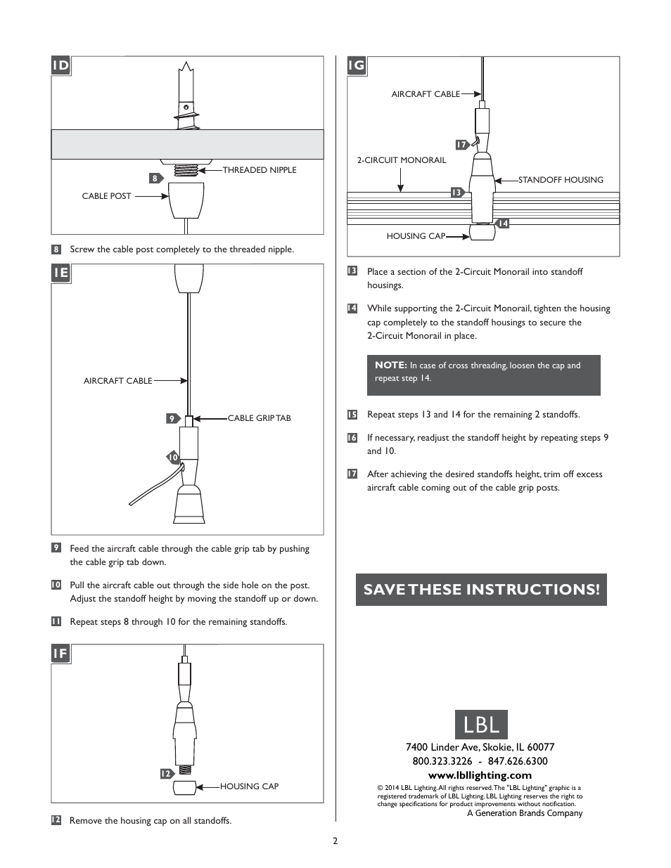 Save these instructions, 1d 1a 1e, 1f 1a 1g | LBL Lighting 2-Circuit MO Adjustable Cable Standoff User Manual | Page 2 / 2