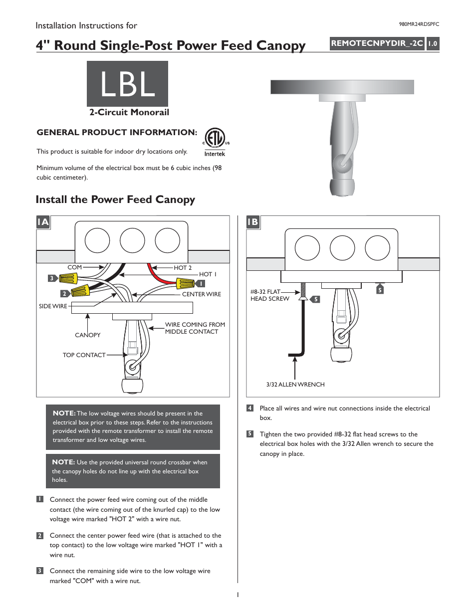 LBL Lighting 2-Circuit MO Direct Feed Canopy User Manual | 2 pages